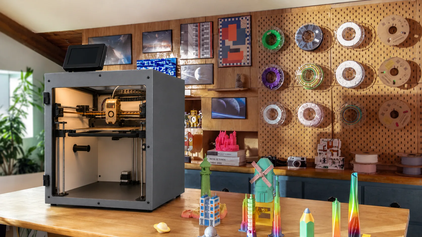 A QALAM Pro 3D printer in a maker's studio, surrounded by colourful prints and a wall of filament