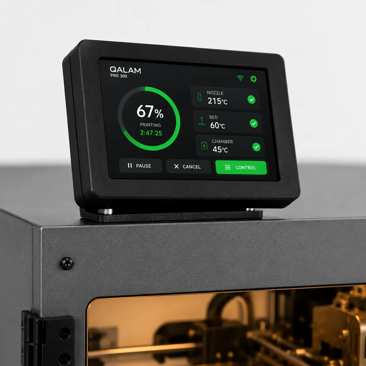 QALAM Pro 300 touchscreen showing a print at 67%